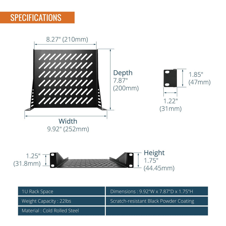 Tecmojo 1U Server Rack Shelf, 10 inch Rack Shelf 200mm Depth Vented Cantilever Tray, Metal Shelf for 10 inch Server & Network Cabinet, Weight Capacity 10 kg, Black