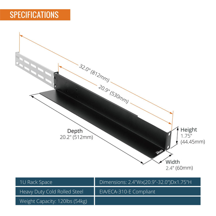 Tecmojo 1U Server Rack Shelf Rail, Adjustable 4 Post Rack Mount Rail with a Depth Range of 530mm to 812mm for Non-Rack Mountable Server/Networking/AV/IT Equipment