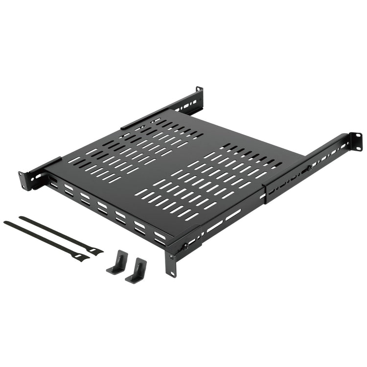 Tecmojo 1U 4-Post 350mm Deep Sever Rack Mount Shelf, Adjustable 350-600mm Deep Ventilated Shelf with Cable Tie and Anti-Slip Stop, Support to 110kg, Universal Tray for 19 Inch AV/Network Device Rack
