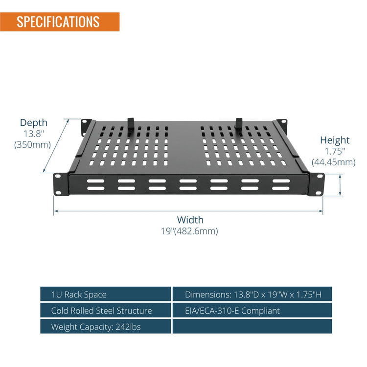 Tecmojo 1U 4-Post 350mm Deep Sever Rack Mount Shelf, Adjustable 350-600mm Deep Ventilated Shelf with Cable Tie and Anti-Slip Stop, Support to 110kg, Universal Tray for 19 Inch AV/Network Device Rack