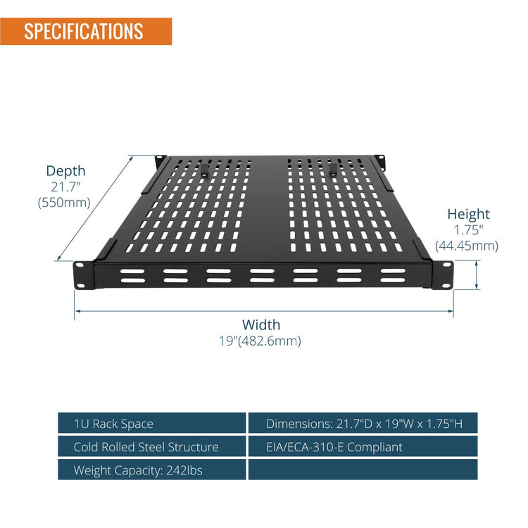 Tecmojo 1U 4-Post 550mm Deep Sever Rack Mount Shelf, Adjustable 550-800mm Deep Ventilated Shelf with Cable Tie and Anti-Slip Stop, Support to 110kg, Universal Tray for 19 Inch AV/Network Device Rack