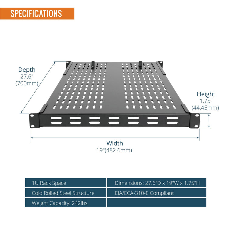 Tecmojo 1U 4-Post 700mm Deep Sever Rack Mount Shelf, Adjustable 700-950mm Deep Ventilated Shelf with Cable Tie and Anti-Slip Stop, Support to 110kg, Universal Tray for 19 Inch AV/Network Device Rack