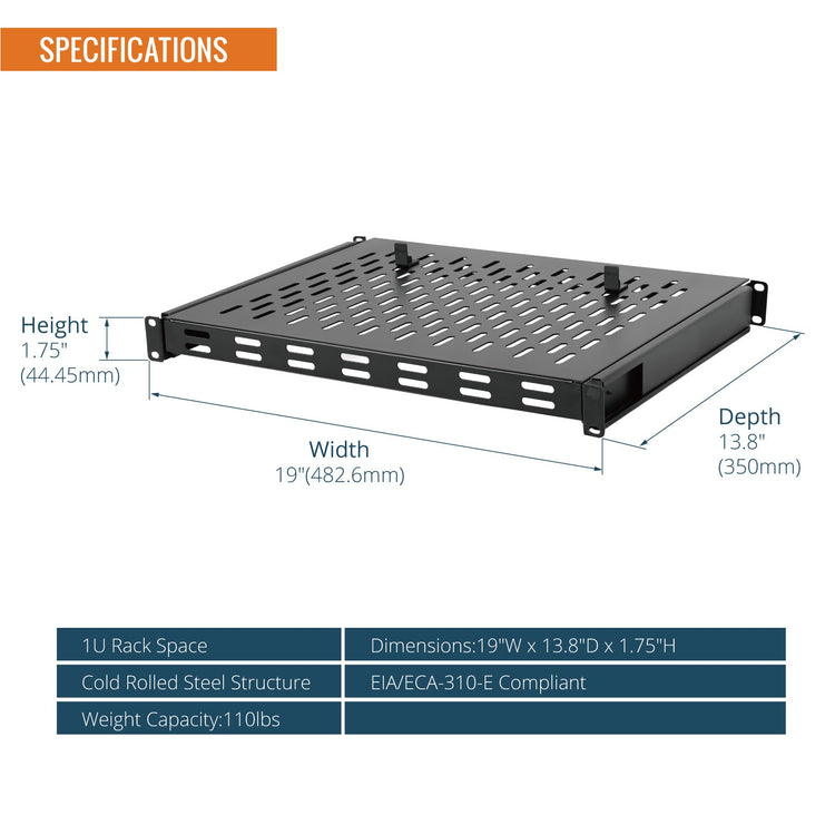 Tecmojo 1U Sliding Rack Shelf with 350mm Deep, 4-Post Vented Server Rack Mount Shelf with Adjustable Range of 350-500mm, Support to 50kg, Universal Tray for 19 Inch AV/Network Device Rack