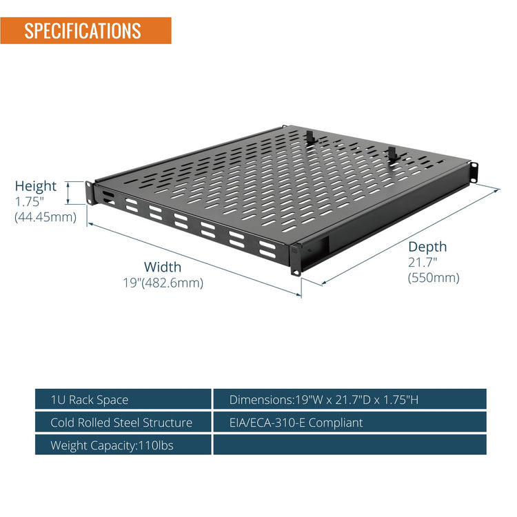 Tecmojo 1U Sliding Rack Shelf with 550mm Deep, 4-Post Vented Server Rack Mount Shelf with Adjustable Range of 550-900mm, Support to 50kg, Universal Tray for 19 Inch AV/Network Device Rack