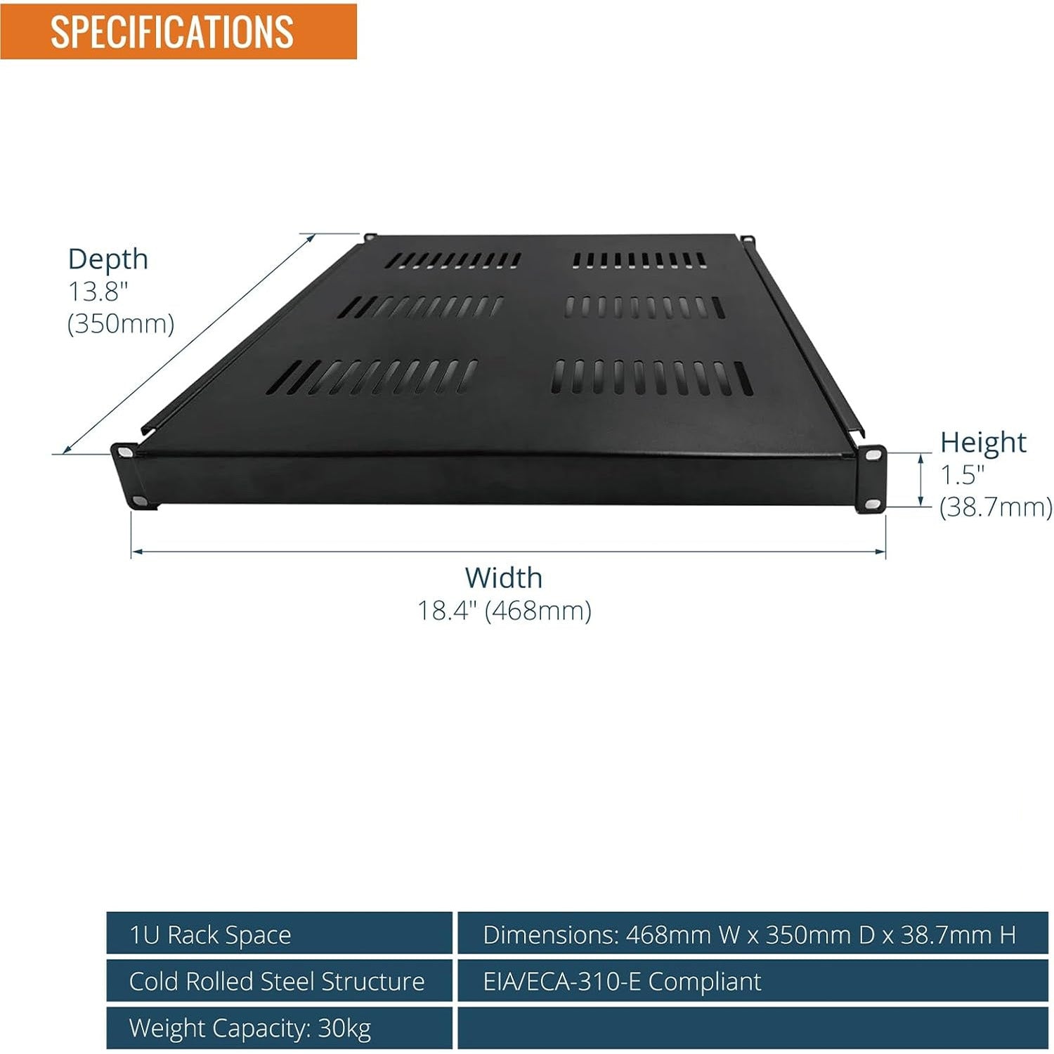 Tecmojo 1U 350mm Sliding Rack Shelf with Adjustable Range of 350-500mm 4 Post Vented Server Rack Mount Shelf, Support to 30kg, Universal Tray for 19 Inch 600mm Deep AV/Network Device Rack