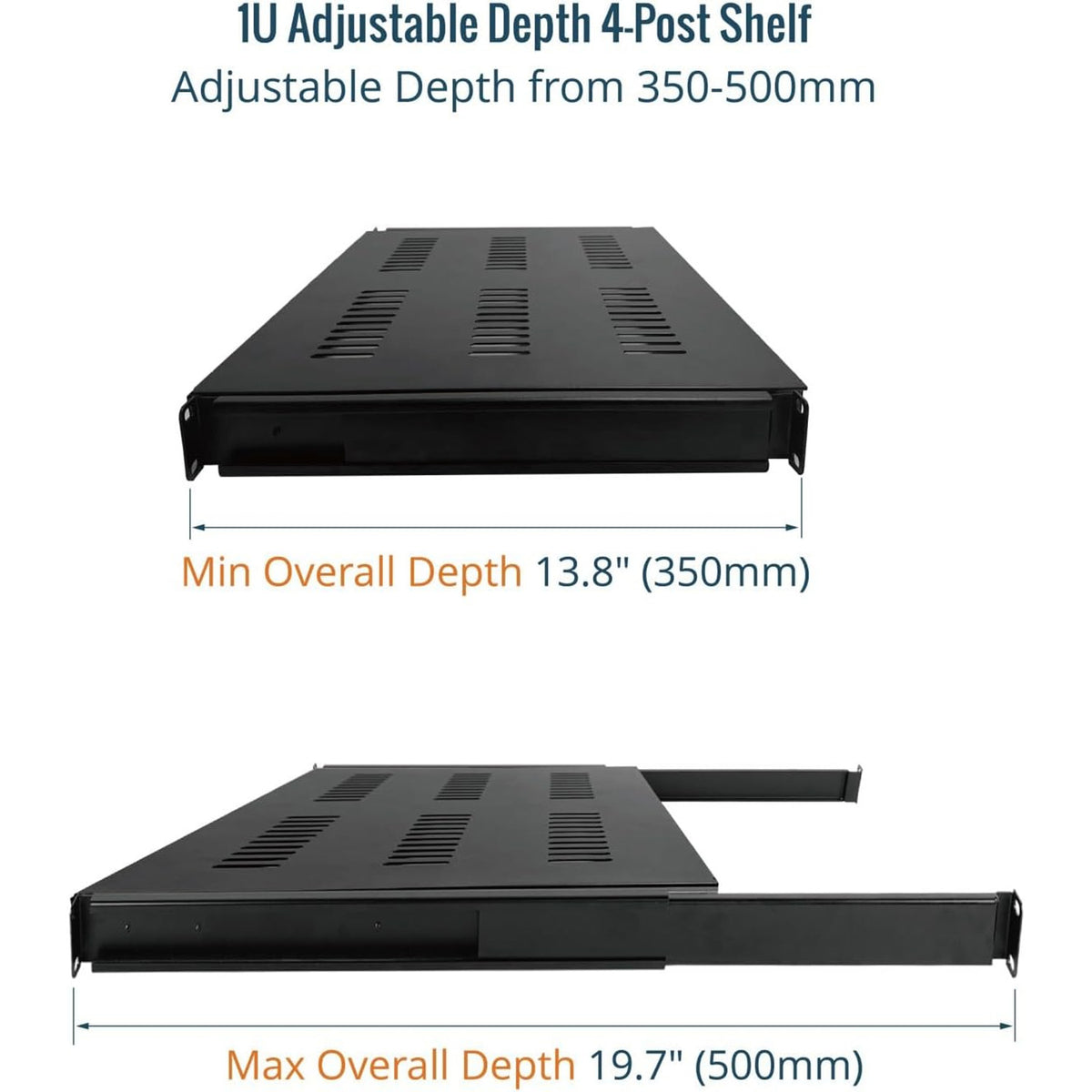 Tecmojo 1U 350mm Sliding Rack Shelf with Adjustable Range of 350-500mm 4 Post Vented Server Rack Mount Shelf, Support to 30kg, Universal Tray for 19 Inch 600mm Deep AV/Network Device Rack