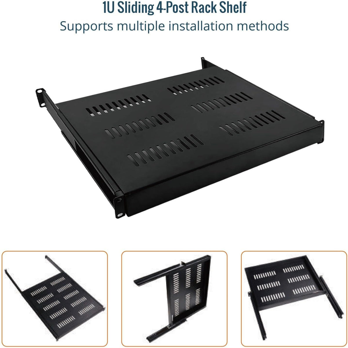 Tecmojo 1U 350mm Sliding Rack Shelf with Adjustable Range of 350-500mm 4 Post Vented Server Rack Mount Shelf, Support to 30kg, Universal Tray for 19 Inch 600mm Deep AV/Network Device Rack