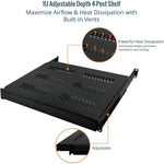 Tecmojo 1U 350mm Sliding Rack Shelf with Adjustable Range of 350-500mm 4 Post Vented Server Rack Mount Shelf, Support to 30kg, Universal Tray for 19 Inch 600mm Deep AV/Network Device Rack