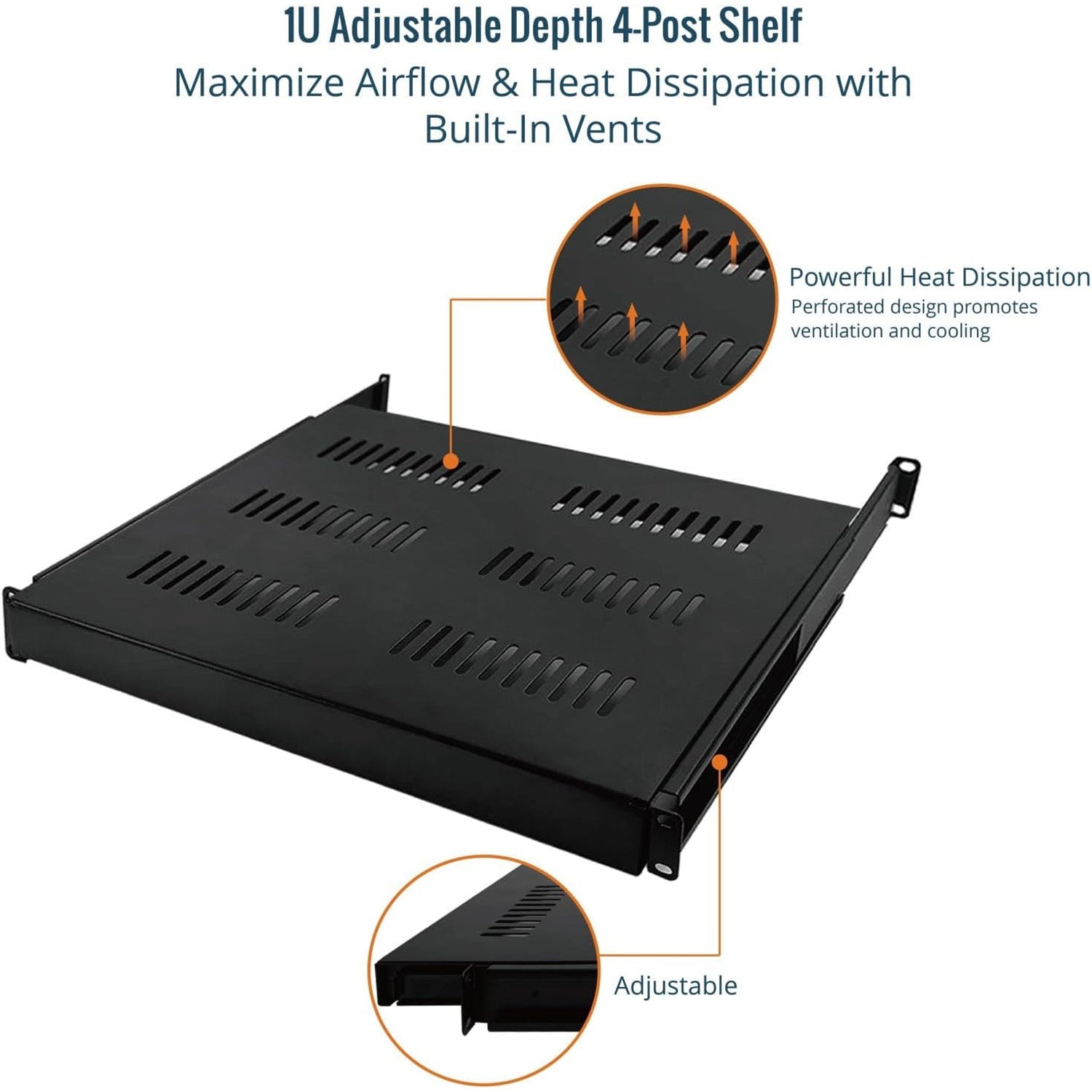 Tecmojo 1U 350mm Sliding Rack Shelf with Adjustable Range of 350-500mm 4 Post Vented Server Rack Mount Shelf, Support to 30kg, Universal Tray for 19 Inch 600mm Deep AV/Network Device Rack