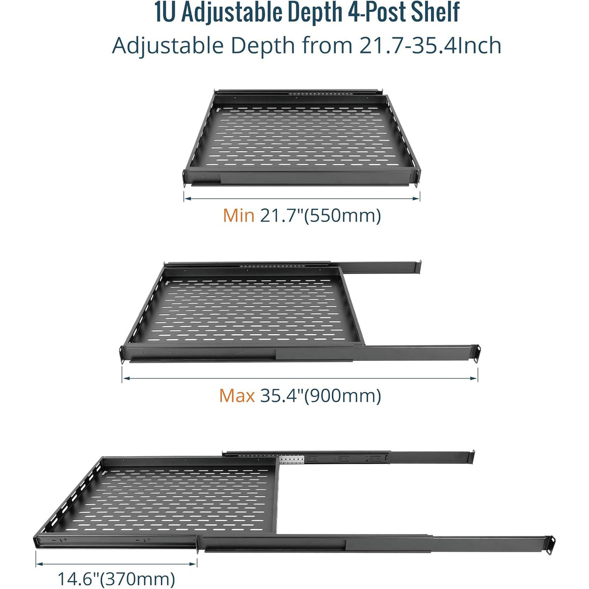 Tecmojo 1U 350mm Sliding Rack Shelf with Adjustable Range of 350-500mm 4 Post Vented Server Rack Mount Shelf, Support to 30kg, Universal Tray for 19 Inch 600mm Deep AV/Network Device Rack