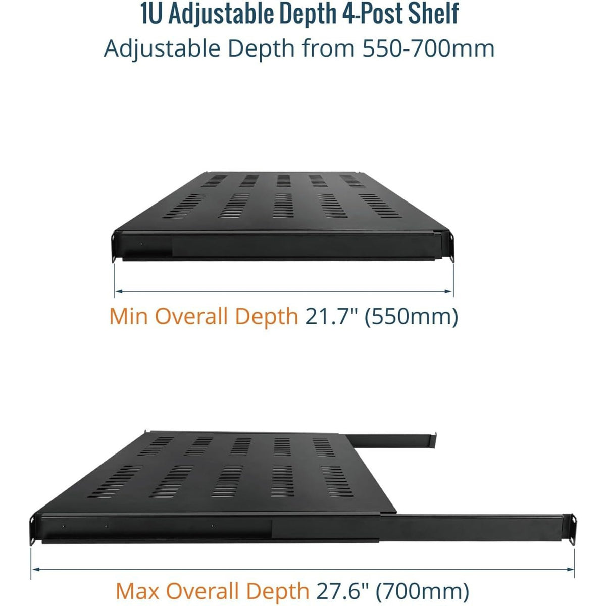 Tecmojo 1U 550mm Sliding Rack Shelf with Adjustable Range of 550-700mm 4 Post Vented Server Rack Mount Shelf, Support to 30kg, Universal Tray for 19 Inch 800mm Deep AV/Network Device Rack