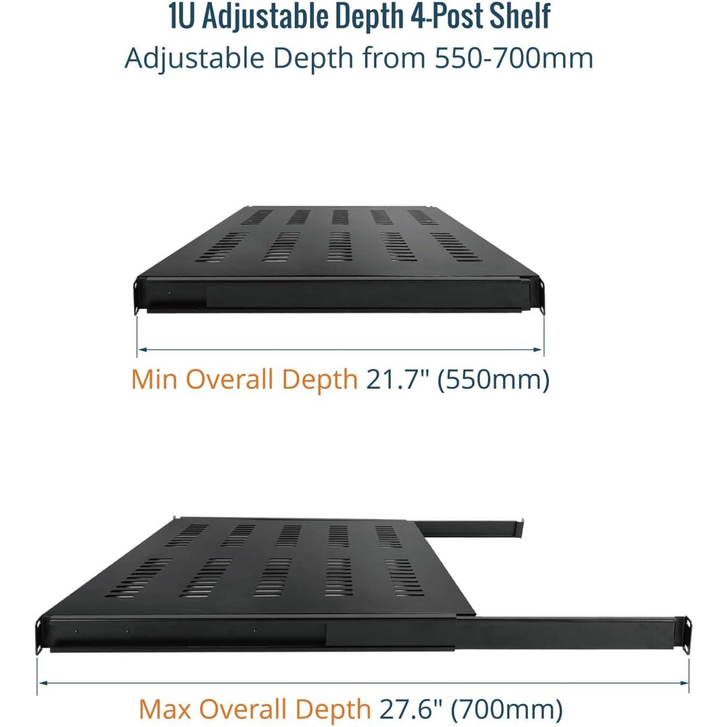 Tecmojo 1U 550mm Sliding Rack Shelf with Adjustable Range of 550-700mm 4 Post Vented Server Rack Mount Shelf, Support to 30kg, Universal Tray for 19 Inch 800mm Deep AV/Network Device Rack