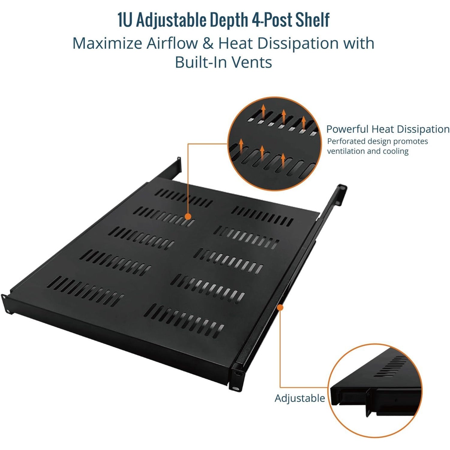 Tecmojo 1U 550mm Sliding Rack Shelf with Adjustable Range of 550-700mm 4 Post Vented Server Rack Mount Shelf, Support to 30kg, Universal Tray for 19 Inch 800mm Deep AV/Network Device Rack