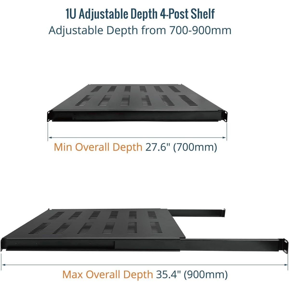 Tecmojo 1U 700mm Sliding Rack Shelf with Adjustable Range of 700-900mm 4 Post Vented Server Rack Mount Shelf, Support to 30kg, Universal Tray for 19 Inch 1000mm Deep AV/Network Device Rack