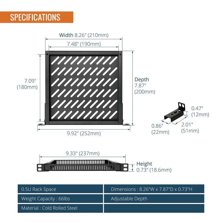 Tecmojo 1U Rack Shelf 10 inch 4 Post 200mm Deep Server Rack Mount Shelf, Adjustable 200-260mm Deep Ventilated Shelf, Support to 30kg, Universal Tray for 10 Inch AV/Network Device Rack