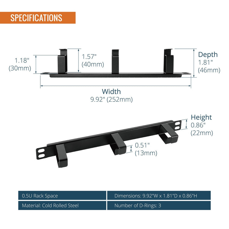 Tecmojo 2 Pack 0.5U 10'' Server Rack Cable Manager with 3 D-Rings, Horizontal Metal Rack Mount Cable Organizer for 10" Server & Network Cabinet, Black