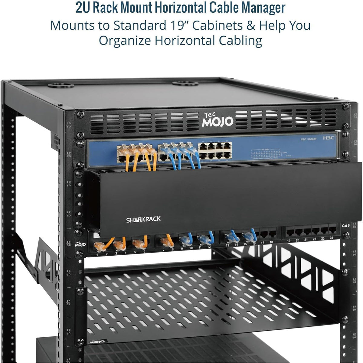 Tecmojo 2U Cable Management, Server Rack Horizontal Plastic Cable Manager, Rack Mount 12 Slots Wire Duct Organizer, Screws for 19 inch AV/IT/Data/Audio Network Device