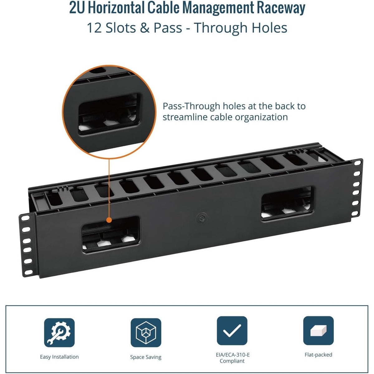 Tecmojo 2U Cable Management, Server Rack Horizontal Plastic Cable Manager, Rack Mount 12 Slots Wire Duct Organizer, Screws for 19 inch AV/IT/Data/Audio Network Device