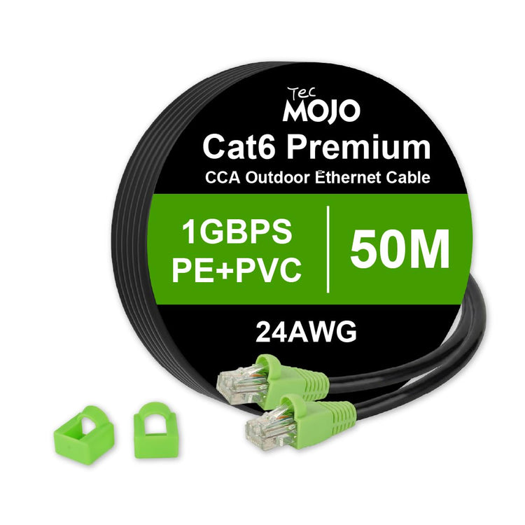 Tecmojo Cat 6 Outdoor Ethernet Cable 20M 24AWG Patch Cord RJ45 Internet Cable with Double Layered Jacket(PVC+PE) for Direct Burial and Conduit Runs,CCA, Black, 20M