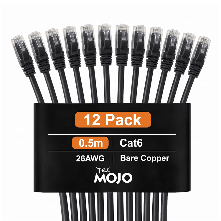 Tecmojo Ethernet Cable 0.5M, CAT 6 Ethernet Cable 12 Pack LAN Gigabit, RJ45 Pure Copper Core 1000Mbps for 250Mhz/s Cord, Network Patch Cord for Router Modem Patch Panel Faster Than Cat 5e/Cat 5, Black